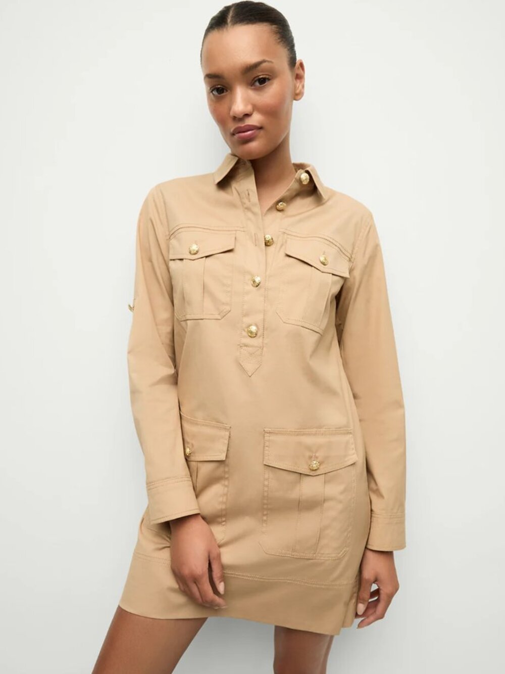 Veronica Beard Saude Utility Dress Khaki Gold Crest Buttons Size 2